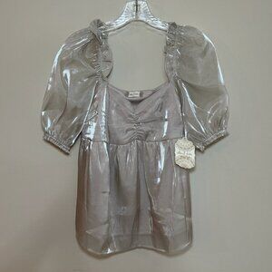NWT Altar'd State shiny metallic babydoll sleeve beige tan top blouse size small